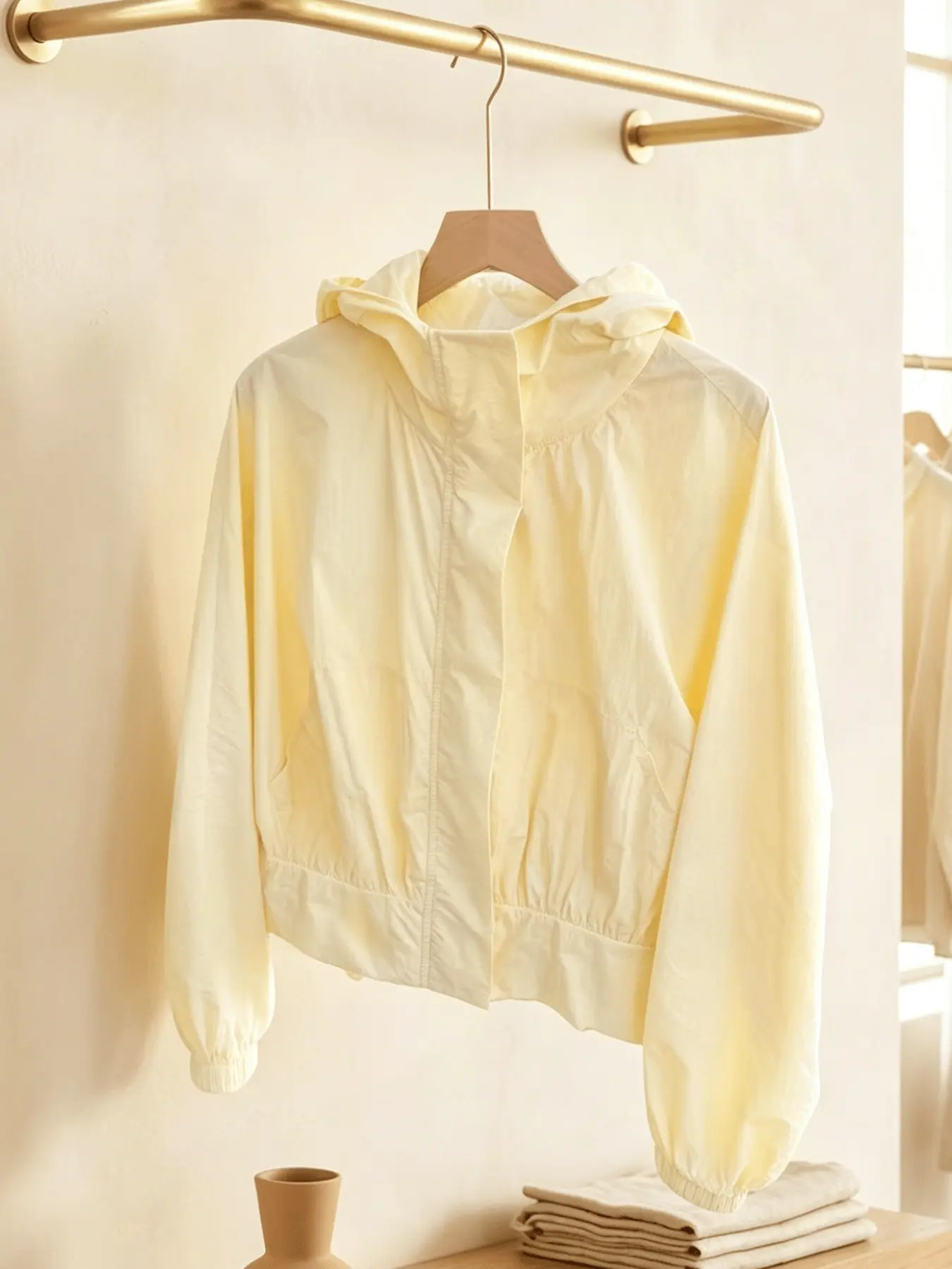A fashionable yellow short hooded Long Sleeve sunshade casual jacket for women, with a lightweight, lazy, loose cut and versatile suspender, a must-have for daily commuting, suitable for indoor and outdoor wear, Tops
