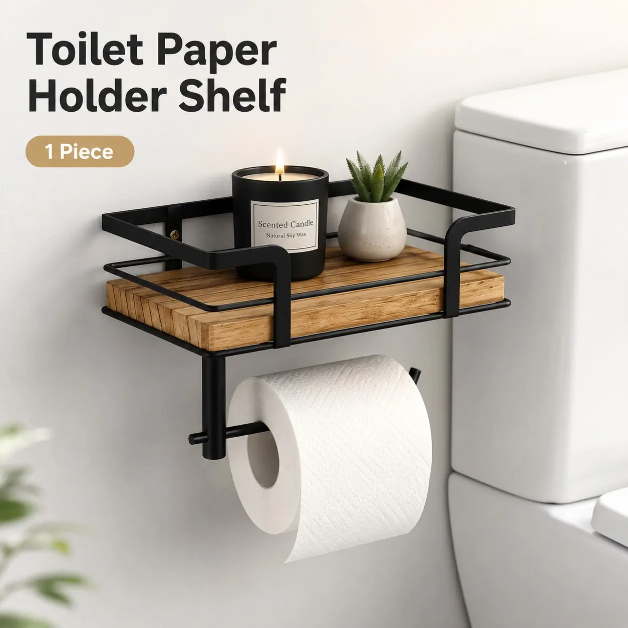 Wall-Mounted Wooden Bathroom Shelf with Paper Towel Holder, Space-Saving Storage Rack for Vanity, Ideal for Bathroom Organization