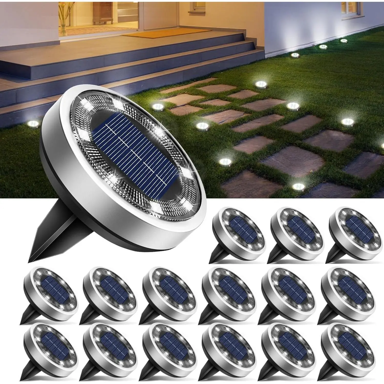 16 Pack Solar Outdoor Lights, 8 LED Solar Ground Lights IP65 Waterproof Flat Solar Disc Light, Pathway Lights for Garden Lawn Patio Yard Path Landscape, Cool White