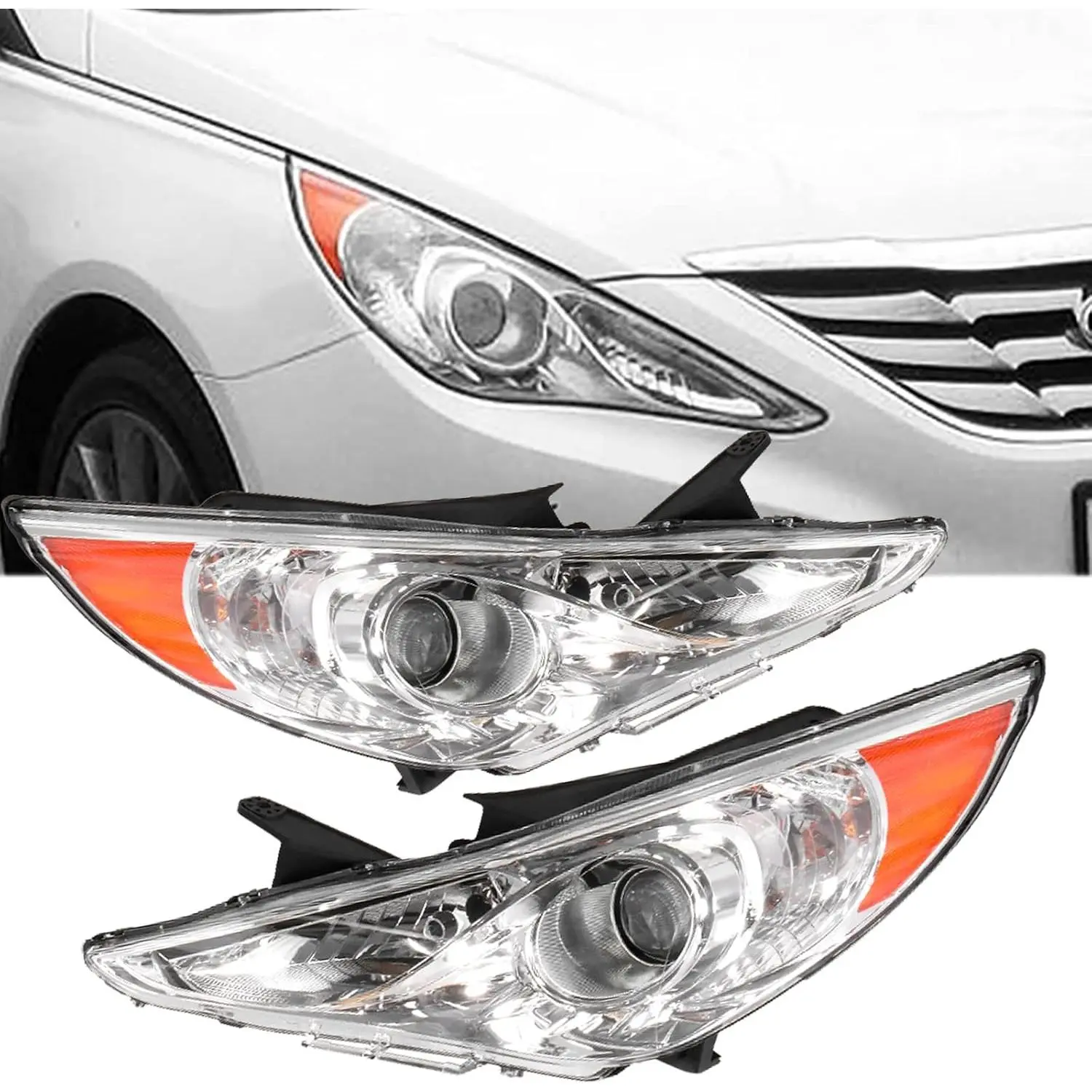 Fit For 2011-2014 Hyundai Sonata Headlamp Replacement Driver and Passenger Side, Chrome Housing Clear Lens
