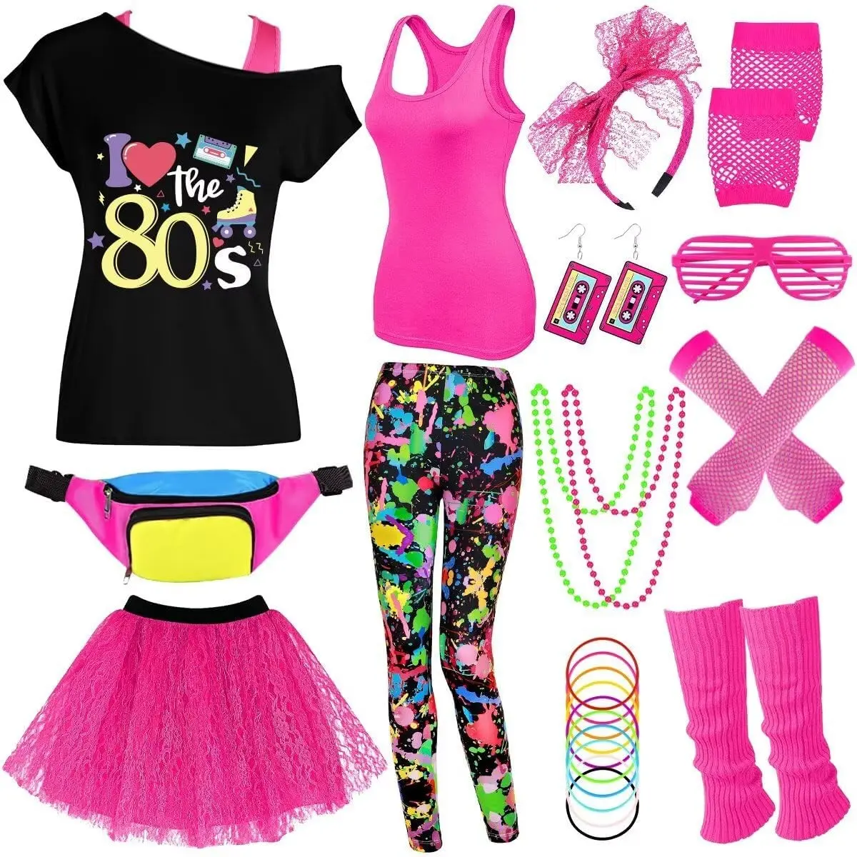 80s Outfit Women Costume Accessories Set, T-Shirt Tank Top Leggings Tutu Skirt Fanny Pack for Halloween, 80s Neon Party