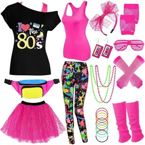 80s Outfit Women Costume Accessories Set, T-Shirt Tank Top Leggings Tutu Skirt Fanny Pack for Halloween, 80s Neon Party