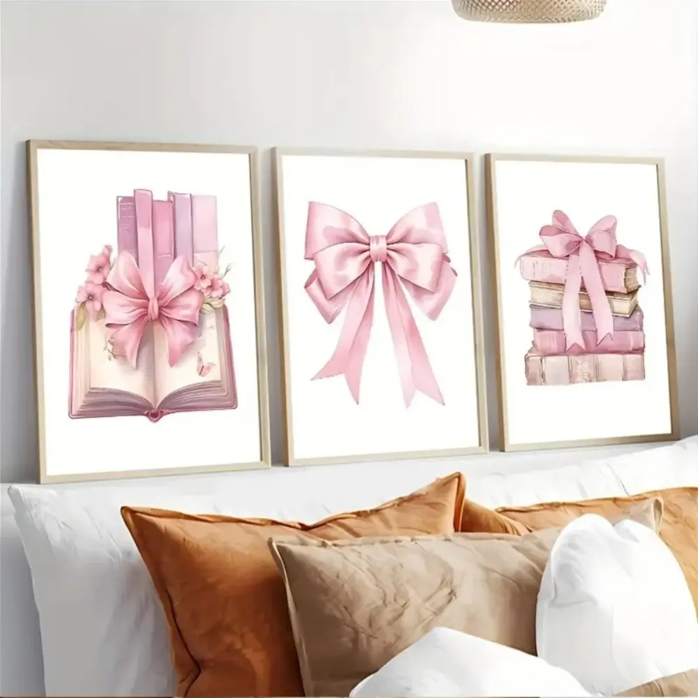 3 Pieces Minimalist Fashion Pink Bow Nordic Preppy Books, Girls Room Wall Mural, Sweet Girly Home Art, Cute Artistic Gallery Decor, Pink Tone Painting, Wall Decor for Girls Room and Dorm, Framed or Unframed, Decoration, Art Canvas Prints