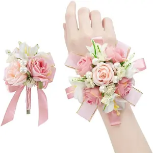 Blush Pink Rose Corsage and Boutonniere Set, Prom Flower Wrist Corsage Wristlet Band Bracelet, Boutonniere for Men Wedding Flowers Accessories Prom Suit Decorations