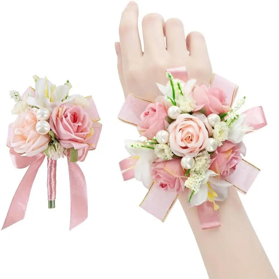 Blush Pink Corsage and Boutonniere Set, Handmade Chic Silk Floral Mix with Pearl Wristlet for Prom, Wedding & Party Accessories, Silk Flowers