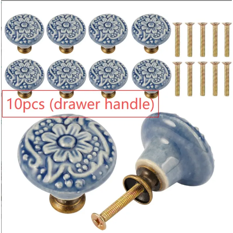 10pcs Round Ceramic Cabinet Knobs | 34mm Drawer Knobs with Screws, Vintage Metal End, Raised Base End for Drawers, Shoe Cabinets, Kitchen Cabinets, Bedside Table