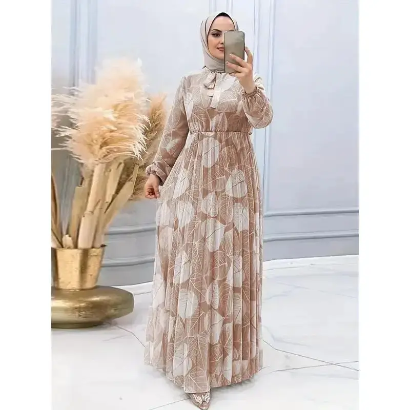 Ramadan Plant Print Loose Modest Dress, Casual Long Sleeve Abayas Dress, Women's Clothing