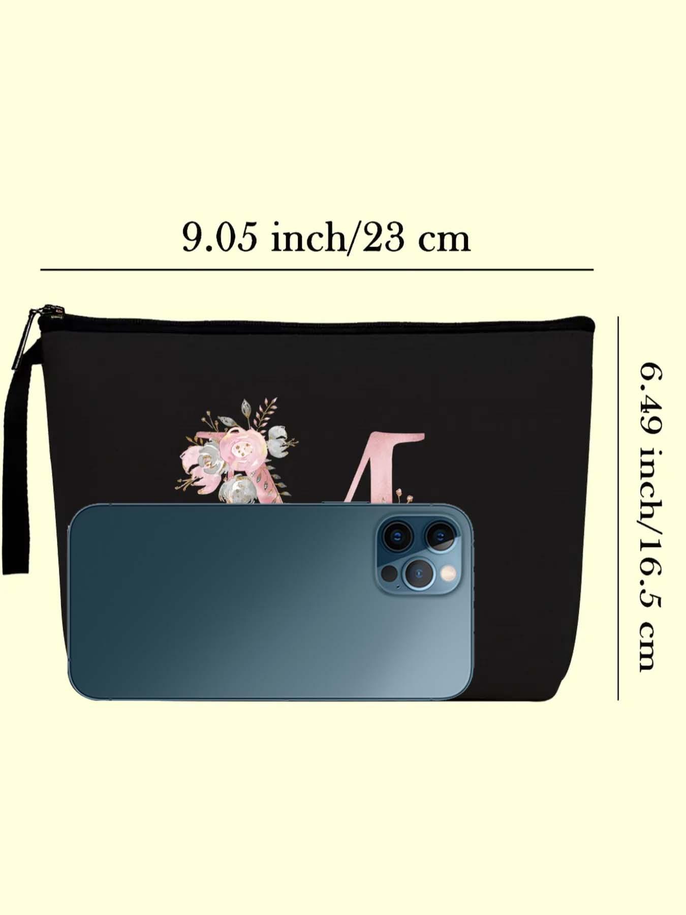 Floral Pattern Portable Makeup Bag, Initial Letter Print Cosmetic Bag, Canvas Cosmetic Organizer Pouch, Makeup Bag for Travel, Travel Essentials, Makeup Storage Bag