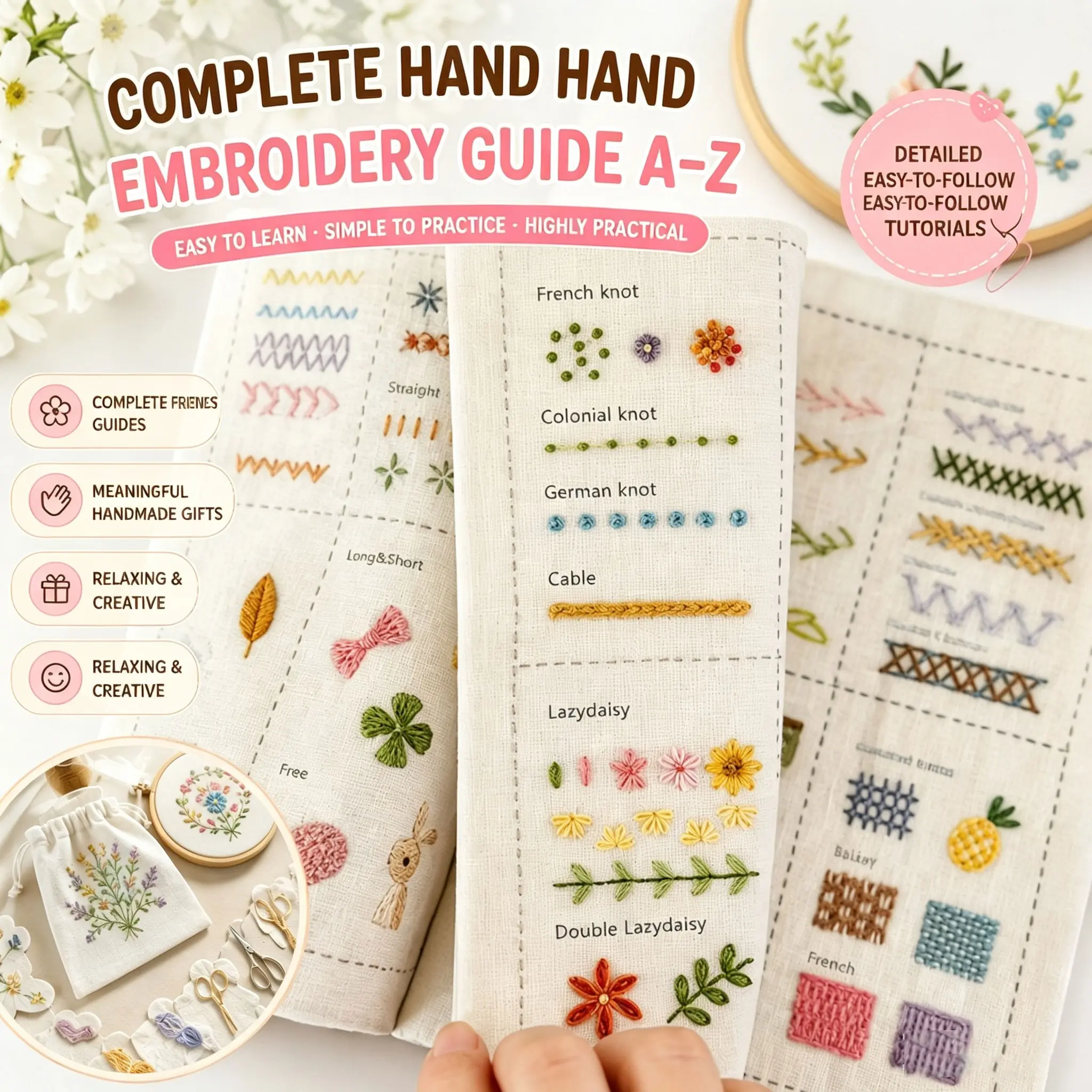 Complete Hand Embroidery Stitching Tutorial Book, Beginner-Friendly Embroidery Guide, Multiple Stitch Patterns, DIY Sewing Tool Book