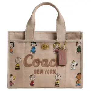 Coach x Peanuts Snoopy Friends Cargo 26 Tote Bag for Women, Embroidered Logo Canvas and Satin Blend, Deep Natural Multicolor