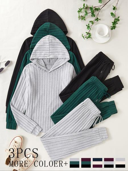 Women's Homecoming Set, 6-Piece Long Sleeve Hoodie Top & Ankle-Length Pants, Ribbed Brushed Fabric, Casual Comfortable Daily Wear, Winter Wear