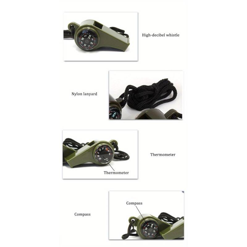 Single olive green three-in-one emergency survival post with compass, thermometer and lanyard - made of durable PP material, ideal for camping, hiking and outdoor activities, camping gear