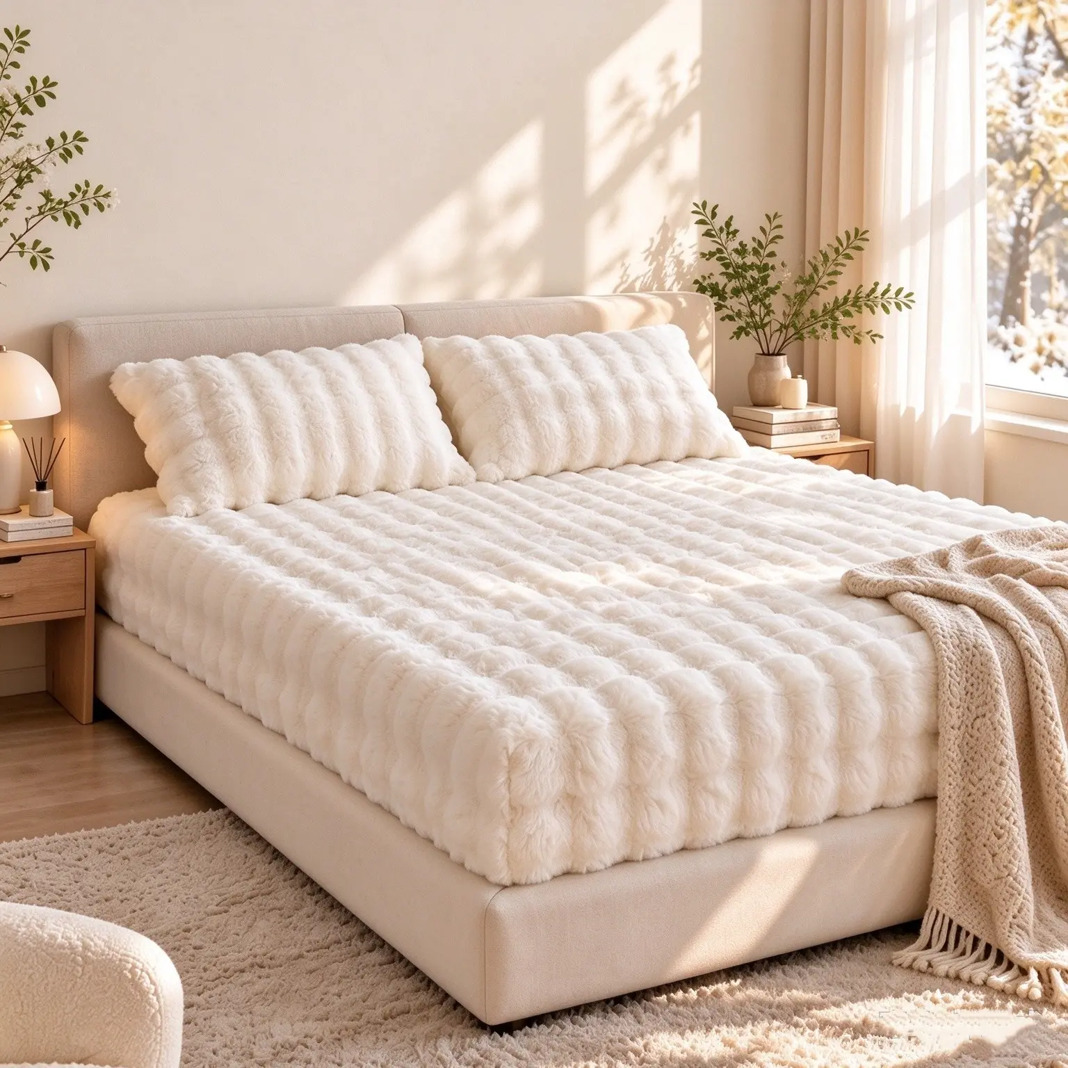 3-Piece Bubble Faux Rabbit Fur Fitted Sheet Set—600 GSM Soft and Warm Plush, 14" Deep Pocket Bottom Sheet, Suitable for Fall/Winter, Securely Fits the Mattress, 2 Pillowcases Are Included,Queen/King Size,Seven Colors To Chosen