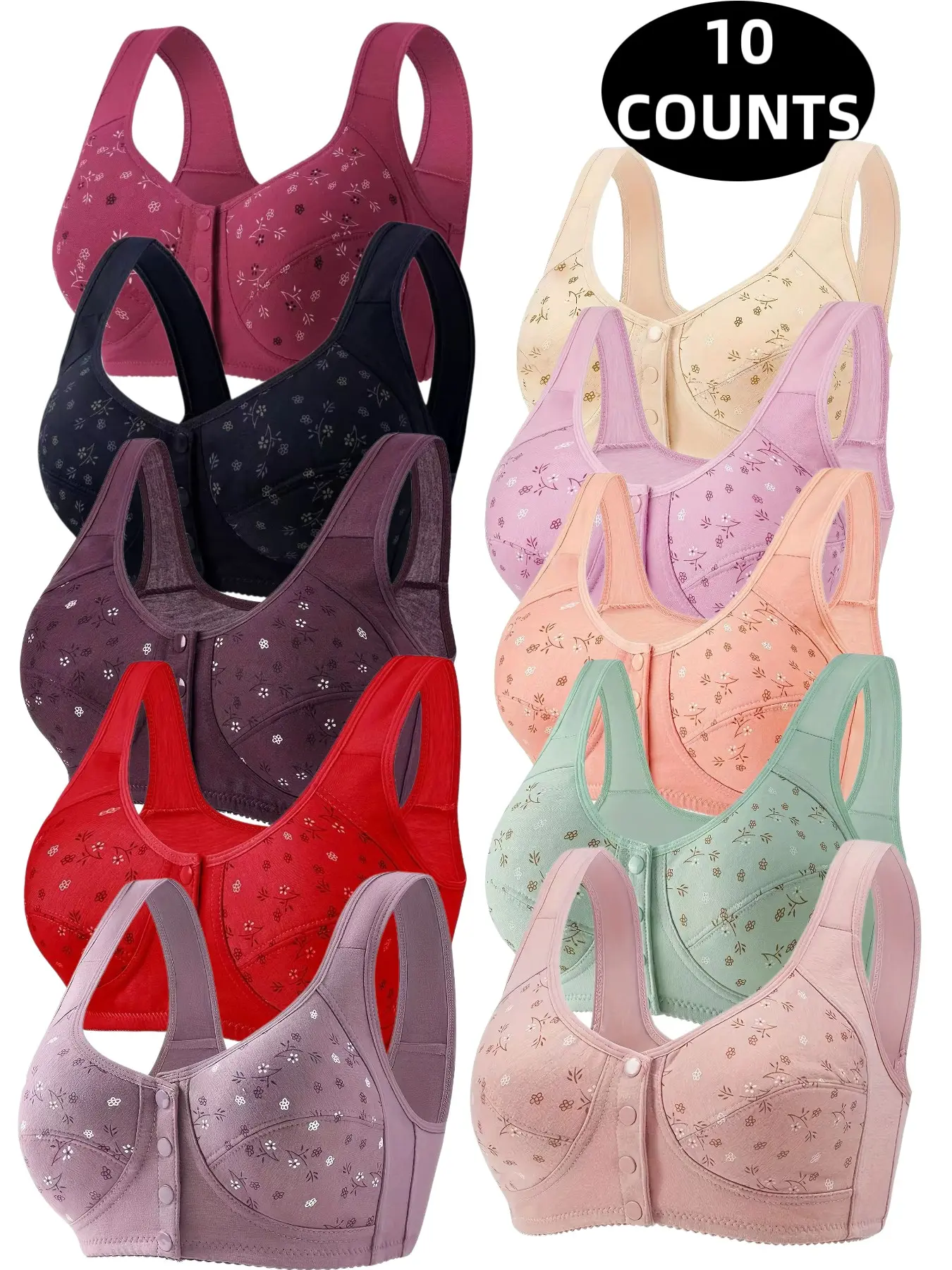 10-Pack Lightweight Floral Wireless Bras, Comfortable Breathable Push-Up Underwire-Free, Elderly-Friendly Front Buckle Design, All-Season Wear
