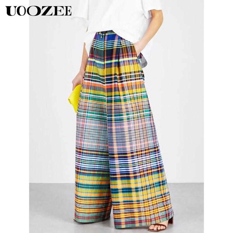 UOOZEE- LIVE Women's Loose Wide Leg Checkerboard Printed Casual Pants Bottoms Pants Baggy Womenswear