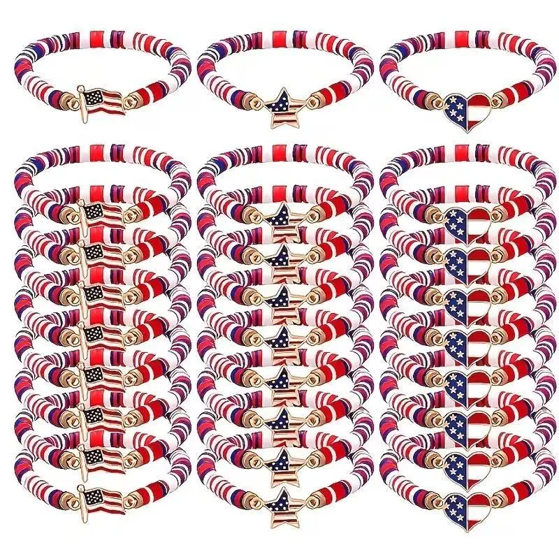 Women's 30Pcs Patriotic Stretch Bracelets - Retro Bohemian Style, Red White Blue Polymer Clay Beads, 4th of Julyfinds, US/Nation Pride Party Favors & Everyday Gifts, Us Pride / Nation Pride