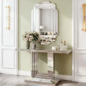 Miored Console Table, Silver Entryway Table with U Base & Hand-Spliced Line Design for Living Room, Hallway, Foyer, 47 Inch