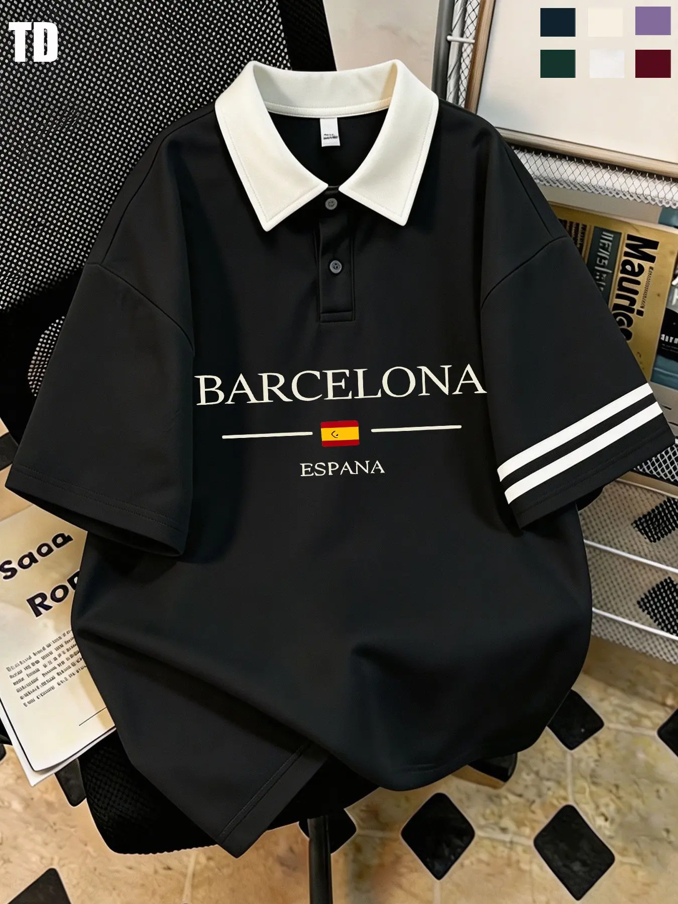 Td Daily Travel Contrast Collar Polo Shirts, Unisex, Casual, Spain City Letter Flag Graphic Patchwork, Oversized Mesh, Short Sleeve, Men Women