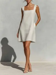 Women's Summer French Square Neck Slimming Sleeveless Dress, Elegant Style, Perfect for Warm Weather, Comfortable and Chic