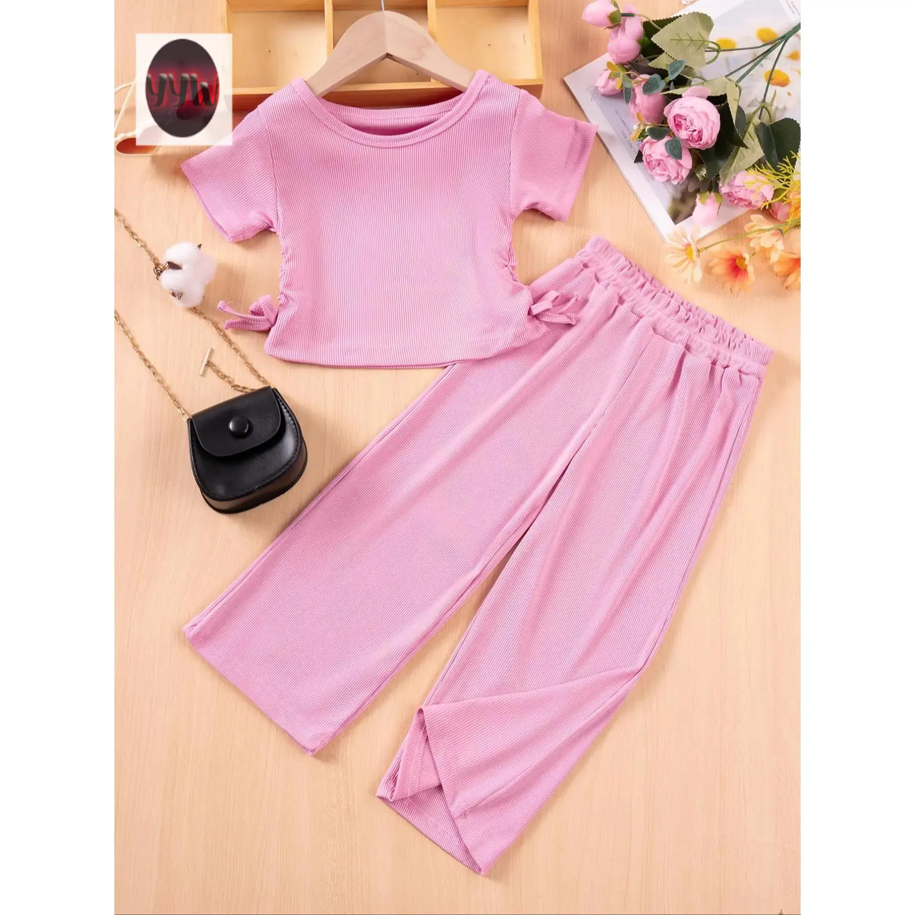 YYW1 Two-piece Set Toddler Girl's Solid Ribbed Tee & Wide Leg Pants Set, Casual Short Sleeve T-shirt & Elastic Waist Trousers, Clothes Kids, Fine Girls Outfit