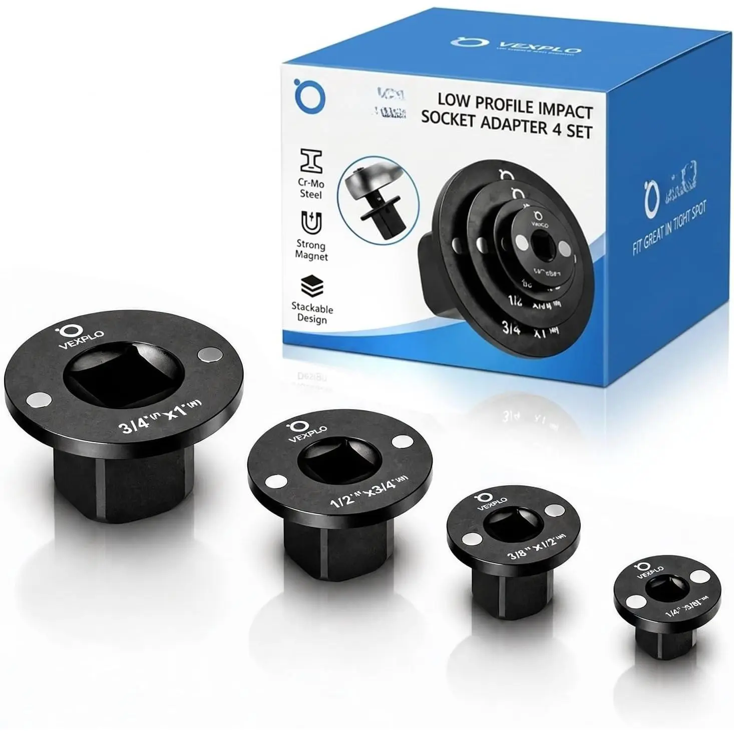 4 count Low Profile Ratchet Adapter Set,   Socket Drive | 4 count stubby ratchet adapter set. Low profile  socket adapter for tight spaces,  drive tools for mechanics