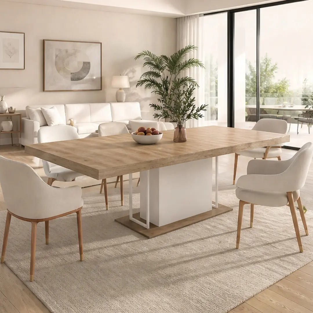 ARCH Rectangle Extendable Dining Table for 6-10 People, 160-200cm Aged Wood Effect White Oak Particle Board, Large Space Seating 10, Thick 12cm Edges, Sturdy Wide Feet, Combo Item, 35.43Wx78.74Dx29.53H in, White Oak Color Options, Particle Board Mate
