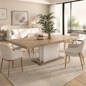 ARCH Rectangle Extendable Dining Table for 6-10 People, 160-200cm Aged Wood Effect White Oak Particle Board, Large Space Seating 10, Thick 12cm Edges, Sturdy Wide Feet, Combo Item, 35.43Wx78.74Dx29.53H in, White Oak Color Options, Particle Board Mate