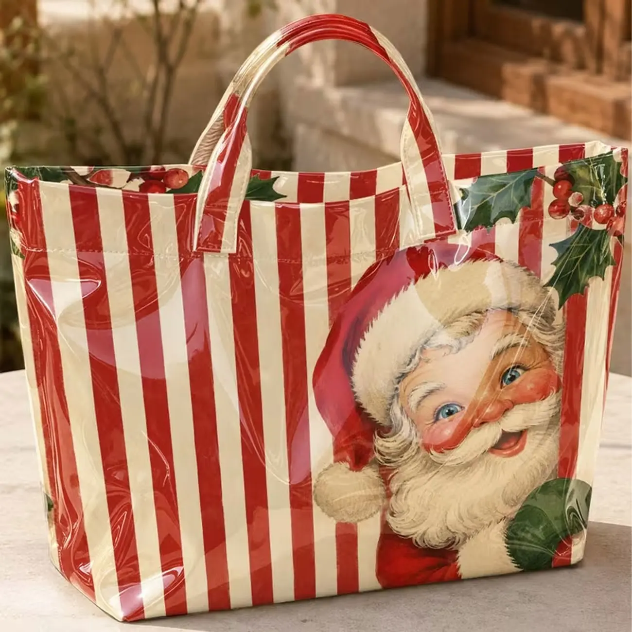 Vintage Santa Claus Christmas Tote Bag, Striped Holly Print Large Capacity Shoulder Backpack, Perfect Gift for Work Beach Shopping