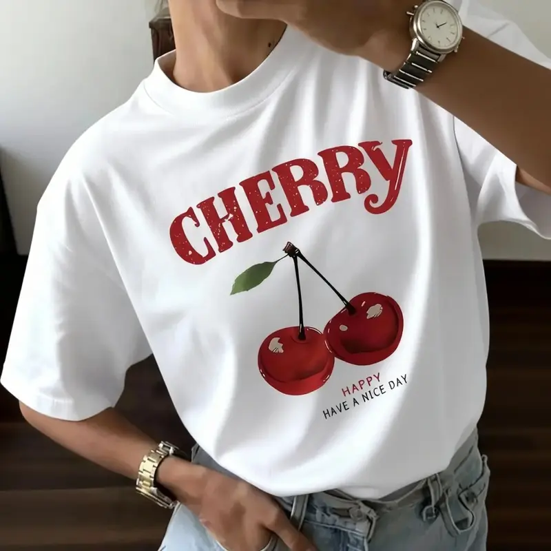 Unisex Cherry Print Cotton Tshirt - Casual Short-Sleeve Crew Neck, Breathable Loose-Cut Sports Top for Summer Streetwear