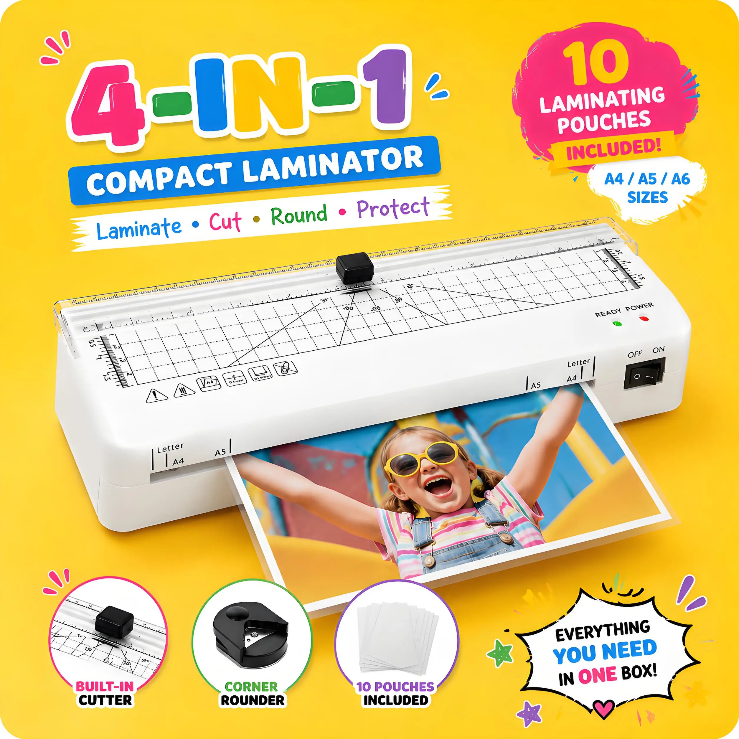 A4 Laminating Machine, Portable 4-in-1 Laminator Kit with Built-in Cutter, Corner Rounder and Pouches, Compact Laminator for Classroom, Home Learning, Office, Photos and Documents, all in one laminator, laminatorkit