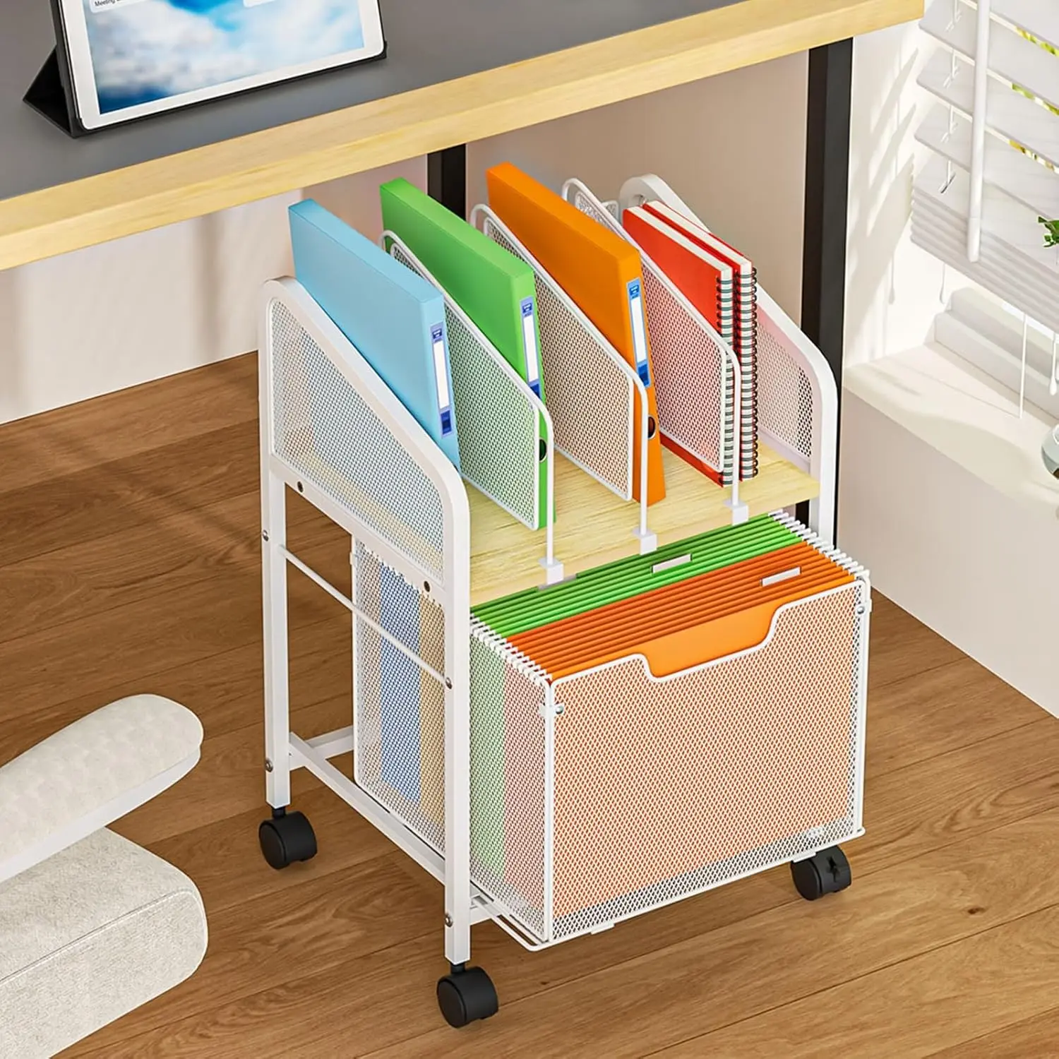 Rolling File Cabinet with Adjustable Dividers, Mobile Filing Cabinet with Storage Drawer on Lockable Wheels, Hanging File Organizer Beside Under Desk for Office, Home, White (Patent Pending)