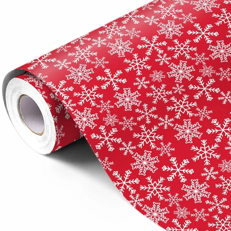 Red and white snowflake Christmas wrapping paper roll, classic bright red holiday gift wrapping paper tape with white snowflake pattern, 17 inches x 197 feet, suitable for Christmas gifts and winter party decoration