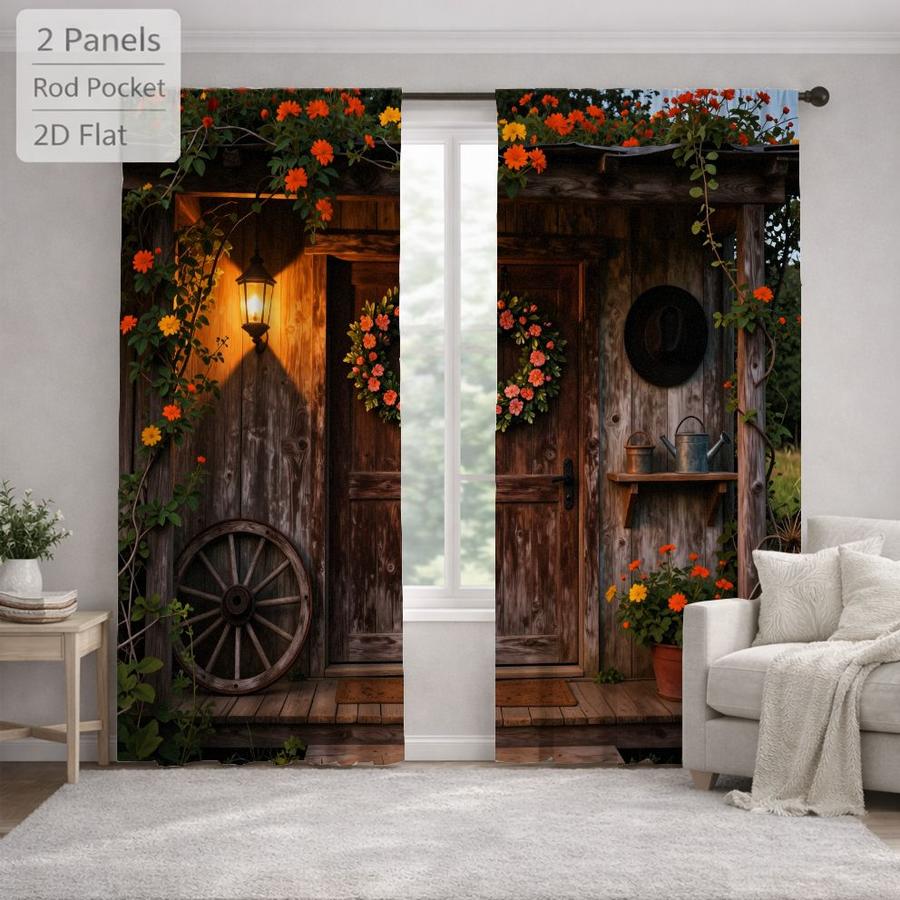 Rustic Farmhouse Cabin Door Floral Vine Sun Blocking Curtains 2Pcs Digital Printed Rod Pocket Window Treatment for Bedroom Office Kitchen Living Room Study Home Decor Multiple Sizes Easy Installation