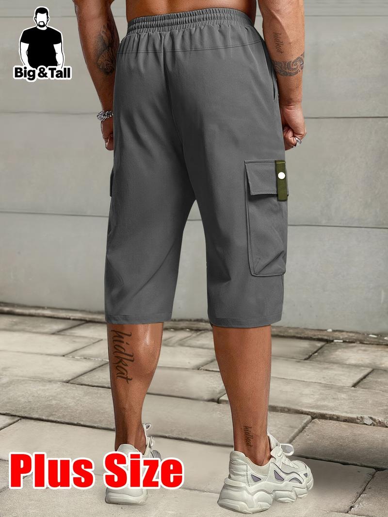 Men'S Plus Size Summer Lightweight Cargo Pants - Casual Cargo Style with Drawstring Waist, Large Pockets & Letter Patch, Solid Color Regular Fit for Casual Attire & Outdoor Activities, PLUS SIZE