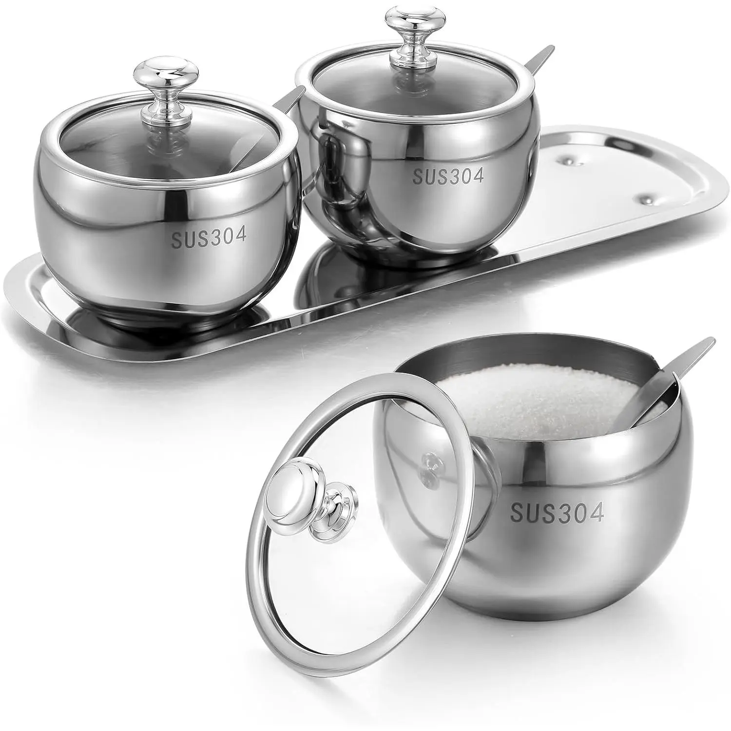 3 Grids 304 Stainless Steel Seasoning Containers Set with Lid, Spoon and Tray, Condiment Spice Jars for Storing Sugar, Pepper, Salt, Spices