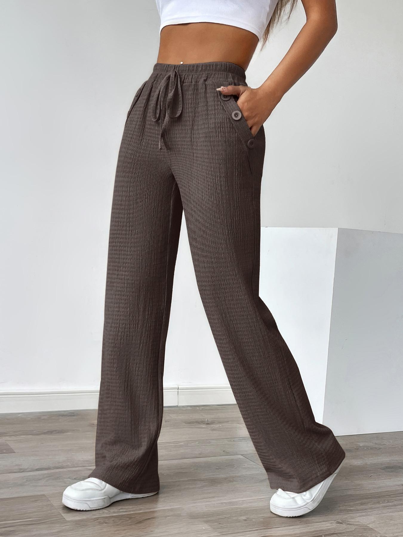 Women's Autumn Casual Faux Drawstring Texture Pocket Pants, Comfortable Fit Long Trousers for Daily Wear, Stylish Ladies' Fashion Apparel, Womenswear, Bottoms