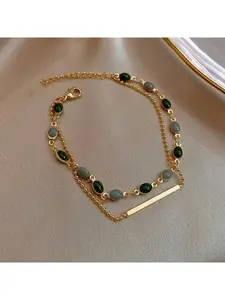 Vintage Elegant Double Layer Green Gray Stone Inlaid Geometric Rectangular Beaded Bracelet Copper Bead Chain for Women Daily Gift Banquet Wear Creative Jewelry Gift