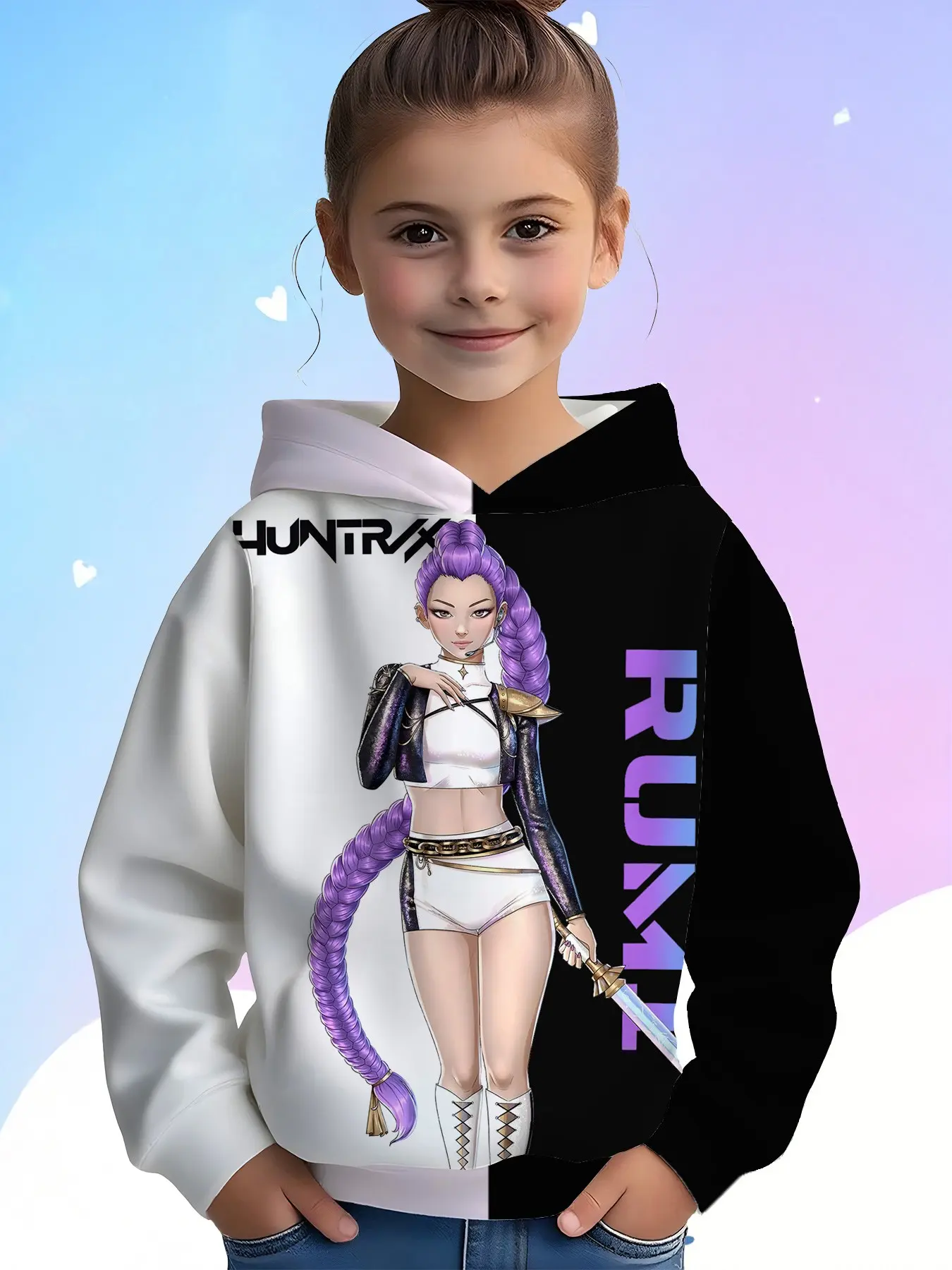 Colorblock Rumi Hoodie for Girls, 3D Letter Print, Loose Fit, Long Sleeve, Casual Fall Winter Sweatshirt, Anime Fan Gift