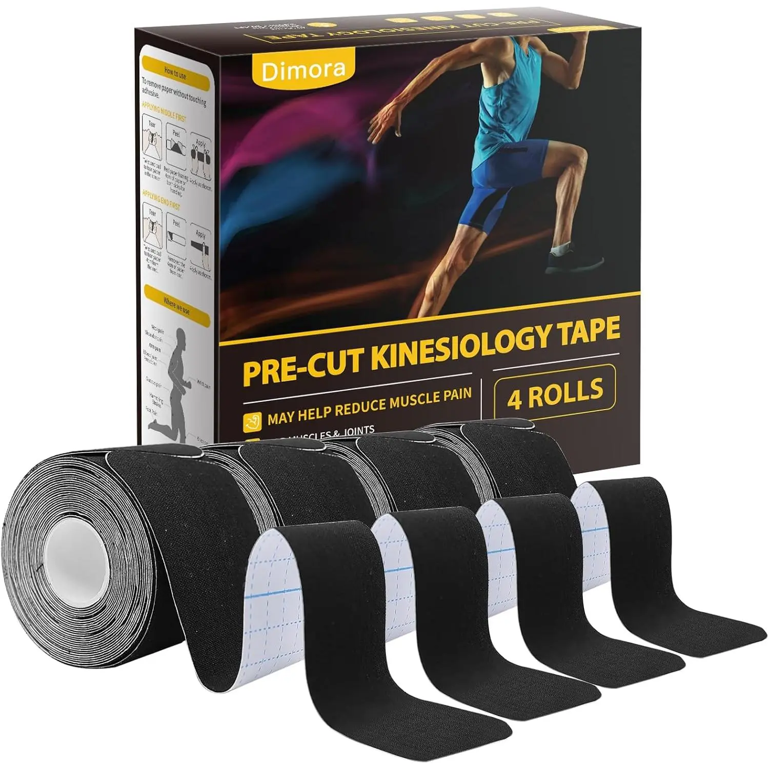 Dimora Kinesiology Tape, 4 Rolls of 80 Precut Cotton Base Strips, 10in Elasticity Supportive Athletic Tape for Muscle Pain Relief, Black