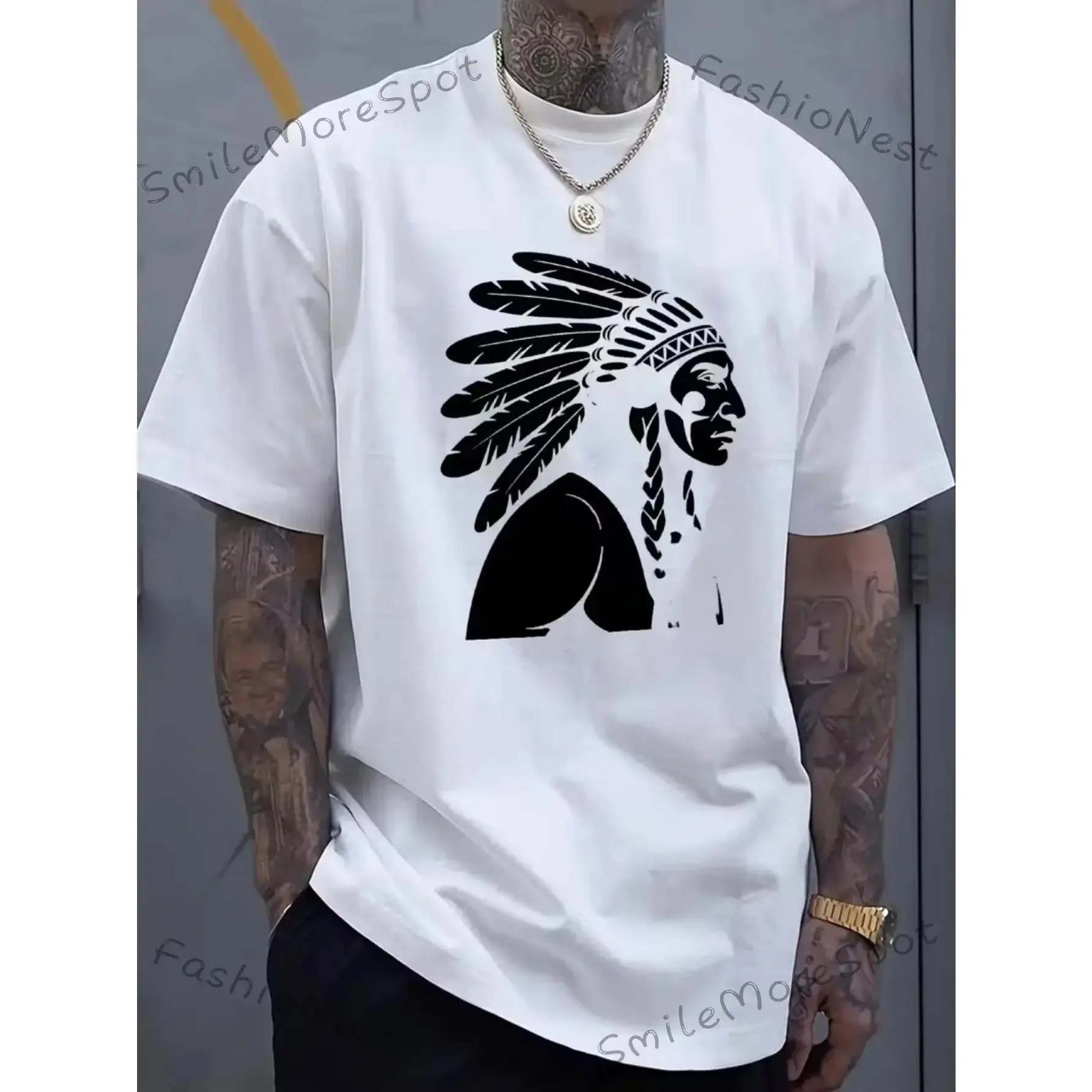 Men's Black T-Shirt with Native American Headpiece Print - Casual Crew Neck Short Sleeve Regular Fit Summer Essential for Casual Attire Everyday Tshirt |   Native American Graphic