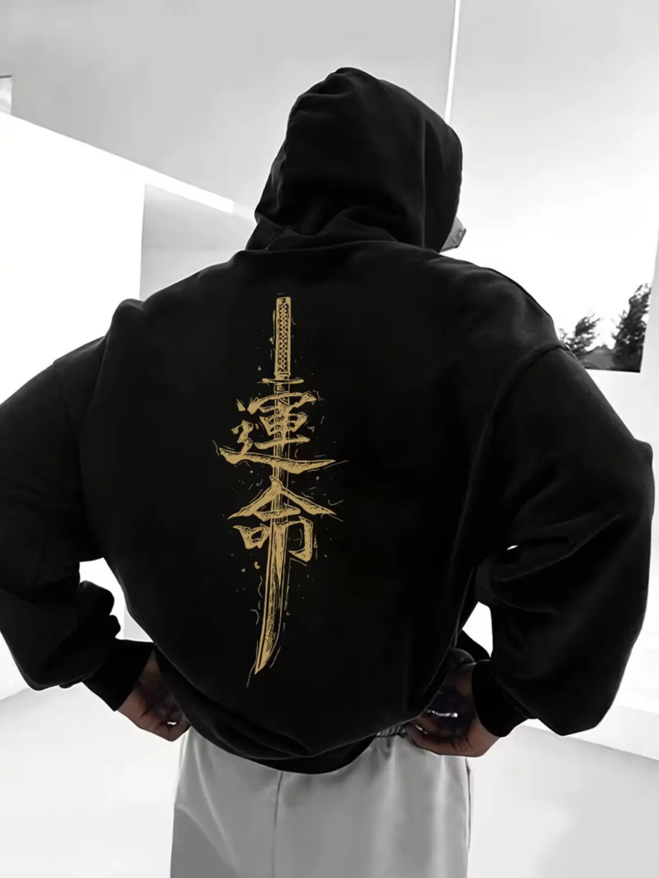 Japanese Style Samurai Sword Print Hoodie, Men's Streetwear Fall Winter Sweatshirt, Loose Fit with Kangaroo Pocket and Drawstring Cap