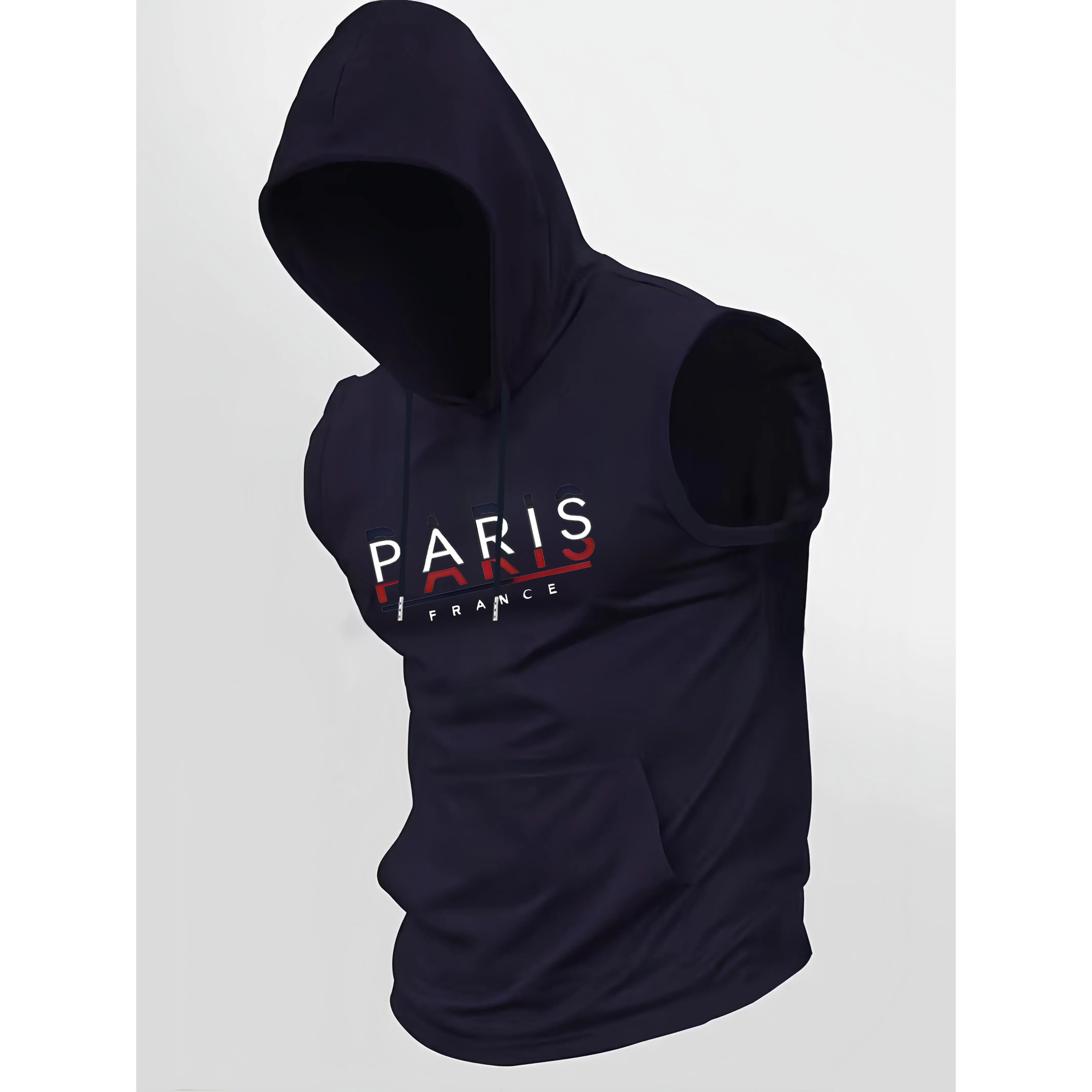 Men's Hooded Sweatshirts, Sleeveless Pullover Vest with Paris Letter Print, Stretch Fabric Sports Activewear Tops for Workout, Menswear, Knit