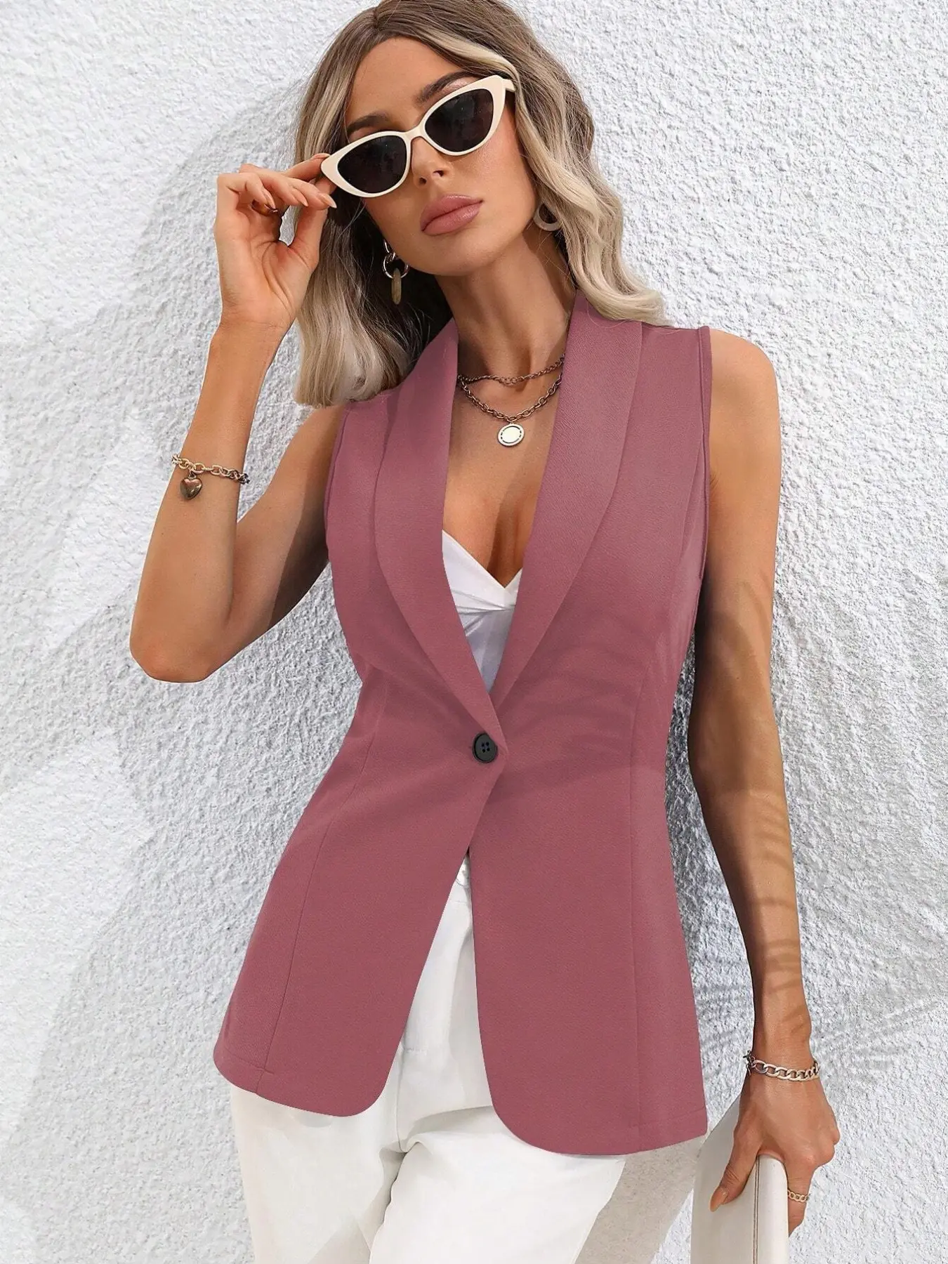 Women's Fashion Slim Solid Color Open Front Jacket Vests, Sleeveless Round Neck Blazer, Casual Summer Outerwear for Daily Commute Minimalist, Plain Solid Vest
