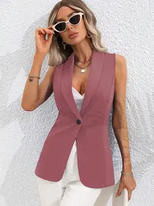 Women's Fashion Slim Solid Color Open Front Jacket, Sleeveless Round Neck Blazer, Casual Summer Outerwear for Daily Commute