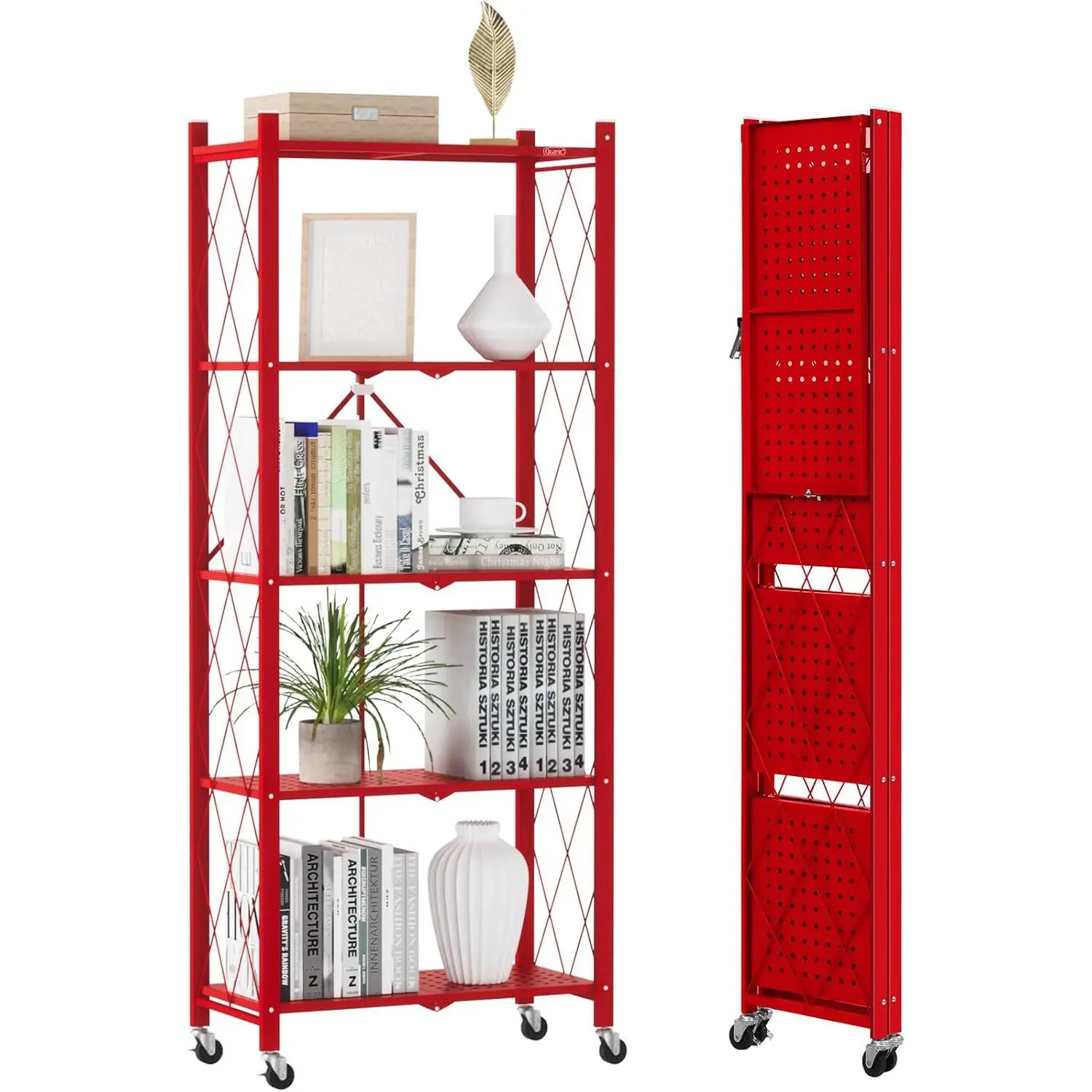 5-Shelf Folding Bookcase with Wheels, Heavy Duty Storage Shelves, Freestanding Metal Wire Shelving Unit for Living Room, Office, Kitchen, Basement, Pantry(Red)