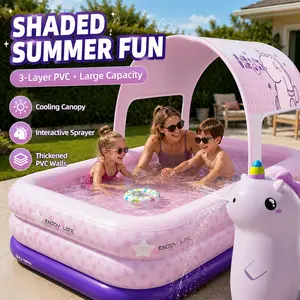 2.1M Large Inflatable Swimming Pool with Canopy and Sprinkler for Kids Adults Family, Thickened PVC Above Ground Blow Up Pool with Detachable Sun Shade, Soft 3-Layer Walls, Portable Summer Water Pool for Backyard, Garden, Indoor Outdoor Use