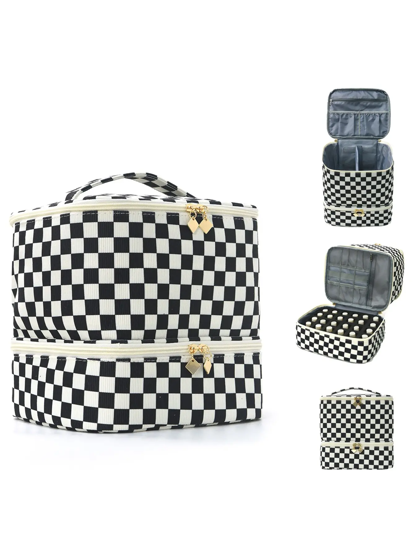 Large Capacity Double Layer Checkered Makeup Bag, Portable Travel Cosmetic Organizer Bag, Waterproof Makeup Storage Case with Handle, Multifunctional Skincare Brush Toiletry Bag for Women Travel Daily Use