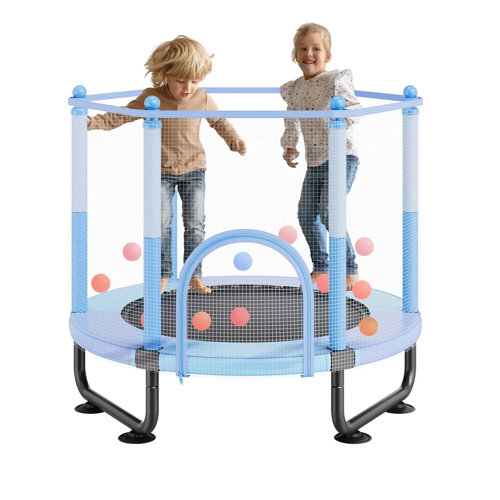 VEVOR 60" Kids Bouncing Trampoline, 5FT Indoor-Outdoor Sports Trampoline with Stainless Steel Frame, Safety Enclosure Net, Basketball Hoop & Suction Cups, Christmas Gift Toy for 3+ Years Children, Blue