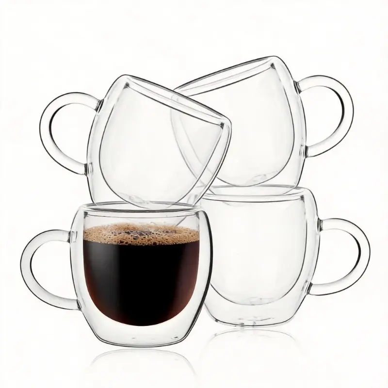 2.5oz Double Walled Espresso Coffee Cups Set of 4 with Handle,Clear Expresso Shot Cup Glasses,Tazas de Cafe Expreso,Drinkware Essentials,Borosilicate,Clear Coffee Mug
