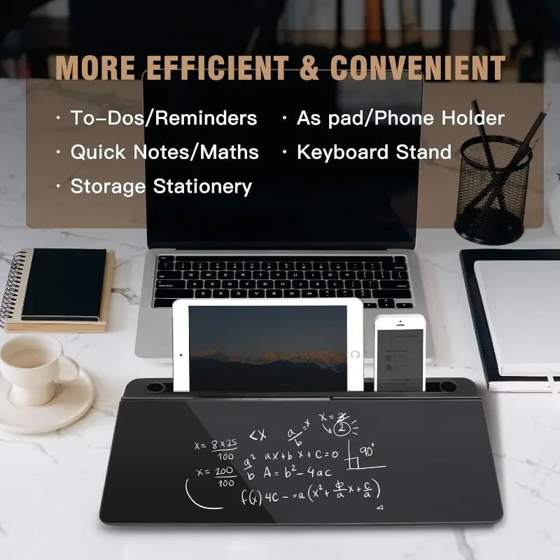 Sleek Compact Tempered Glass Desktop Whiteboard with Storage & Keyboard Tray, Modern Office Desktop Organizer